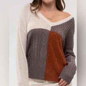 *NWOT* E&M Color Block V-Neck Cable Knit Sweater Size Small